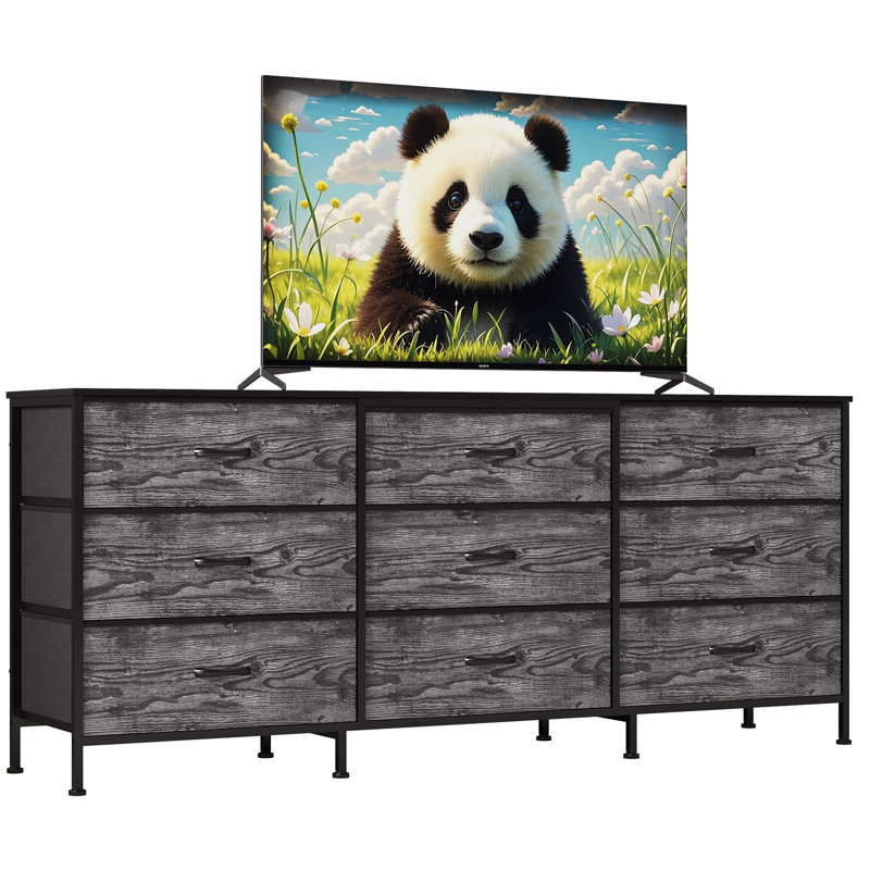 63" TV Stand, 9 Drawer Dresser for Bedroom with Wooden Top, Long Entertainment Center for Living Room, Grey