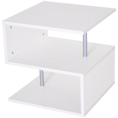 Table de bout moderne 20 po, table d'appoint en forme de S avec tablette de rangement et poteaux en acier, blanc