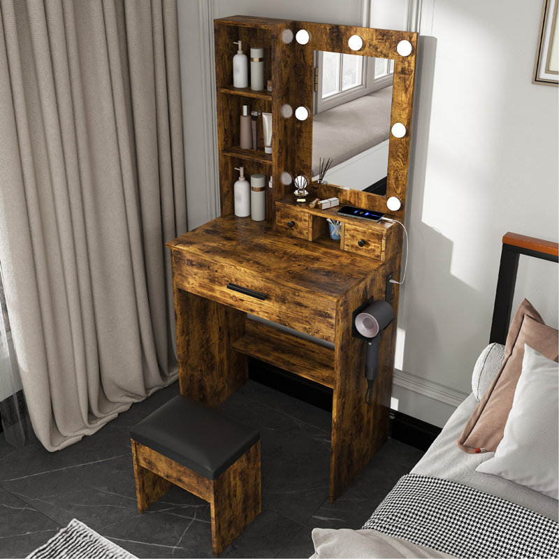 Table de coiffeuse avec miroir et lumières DEL réglables, prise de courant, support pour séchoir à cheveux et tabouret - coiffeuse compacte pour petites chambres