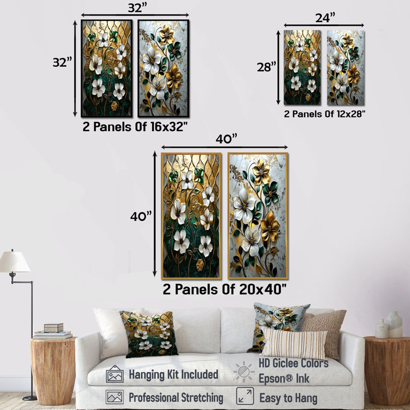 «Green and Moroccan Floral Tiles III», ensemble d'art mural marocain 2 pièces, H 28 po x l 24 po, Cadre flottant brun