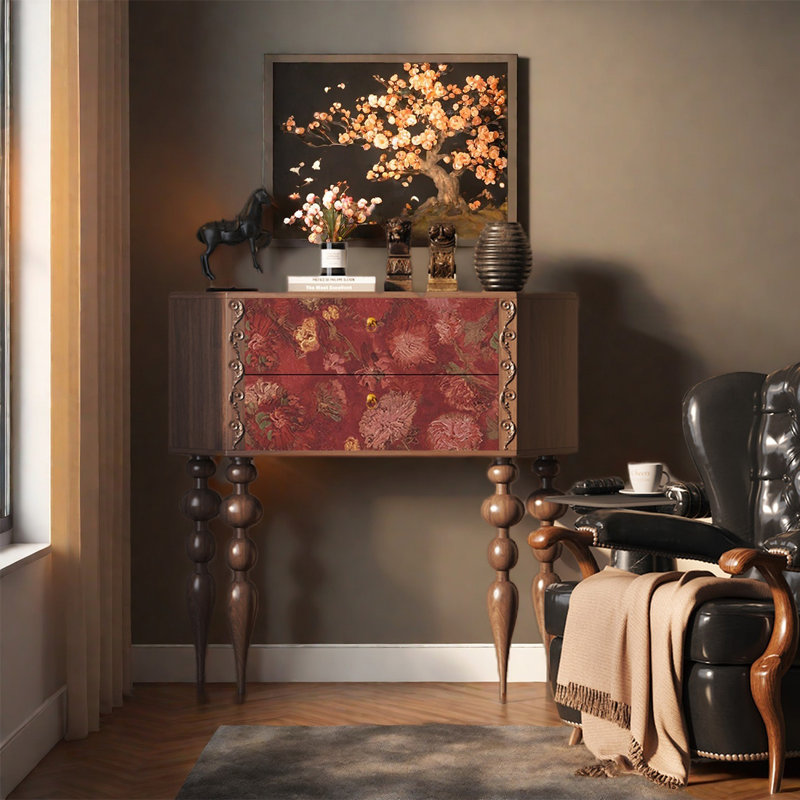 Pine Two Drawer Decorative Cabinet, Walnut