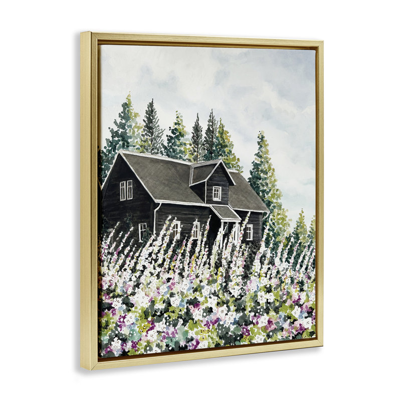 «Cabin Hidden By Garden Blooms», art mural sur toile flottante brune, design par Cindy Jacobs, H 21 po x l 17 po