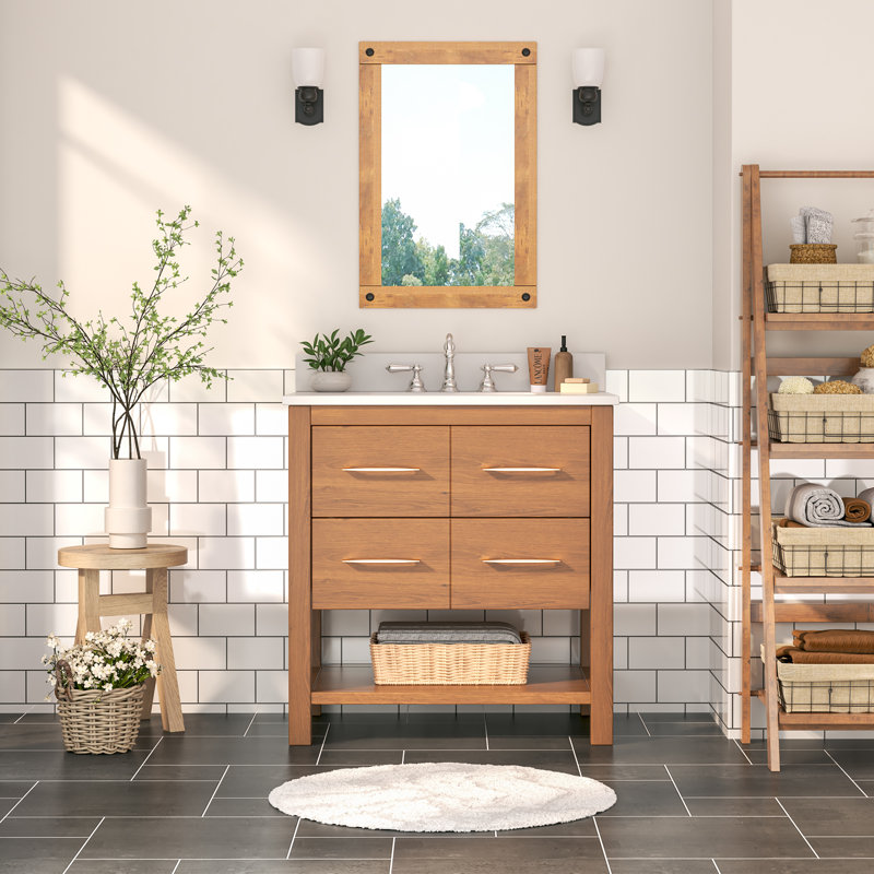 Fet 30" Single Bathroom Vanity With Solid Wood Frame And Ceramic Top, Bois naturel
