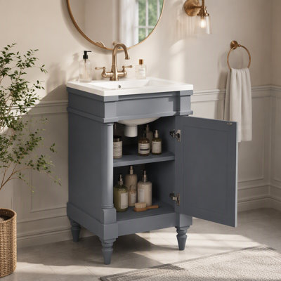 Meuble-lavabo moderne de 18 pouces avec lavabo, meuble de rangement moderne avec porte, meuble de salle de bain autoportant pour petit espace, meuble-lavabo simple avec tablette réglable