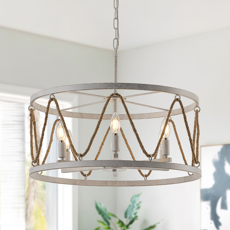 6-Light Dimmable Farmhouse Drum Chandelier With Hemp Rope Shade, White