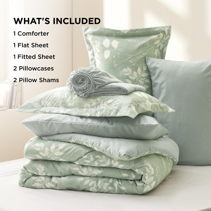 Bedsure Bed in a Bag - Reversible Flroal & Plant Pattern Printed with Comforters, Sheets, Pillowcases & Shams