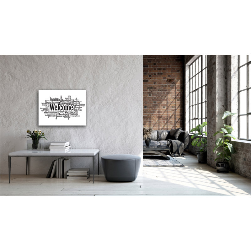 «Welcome», art textuel sur toile tendue 30 po x 40 po, H 30 po x l 40 po x p 1 po