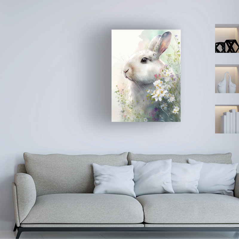 «Bilge Paksoylu Rabbit And Flowers 1», reproduction sur toile, H 19 po x l 14 po x P 2 po