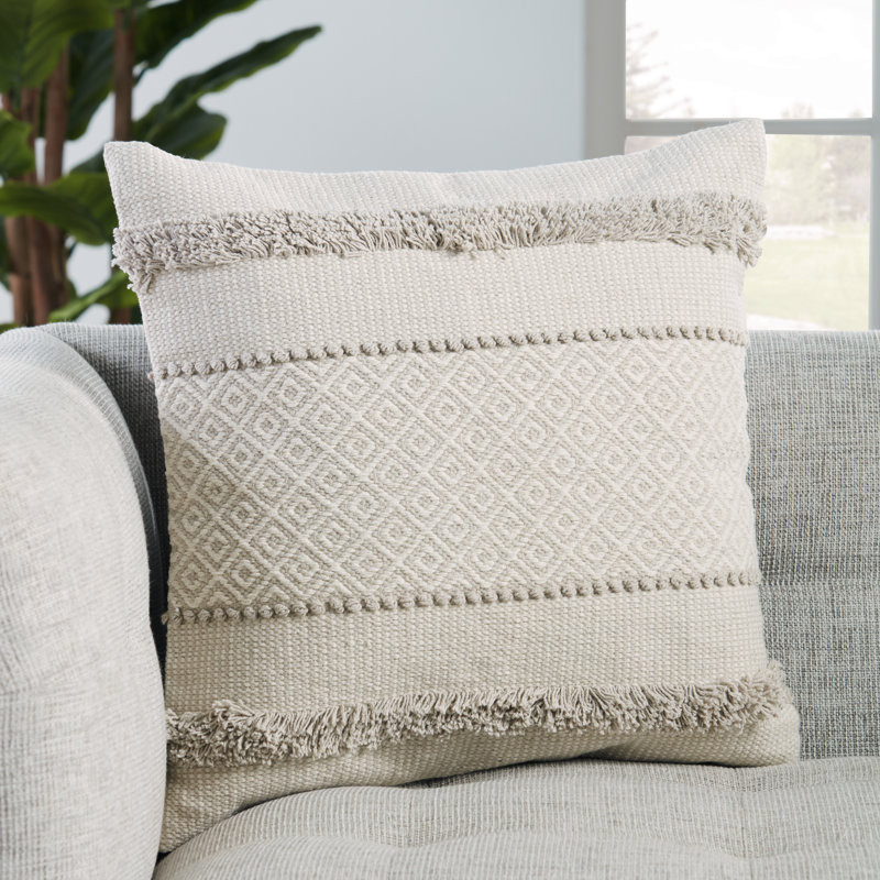 Beige and White Cotton Geometric Square Throw Pillow