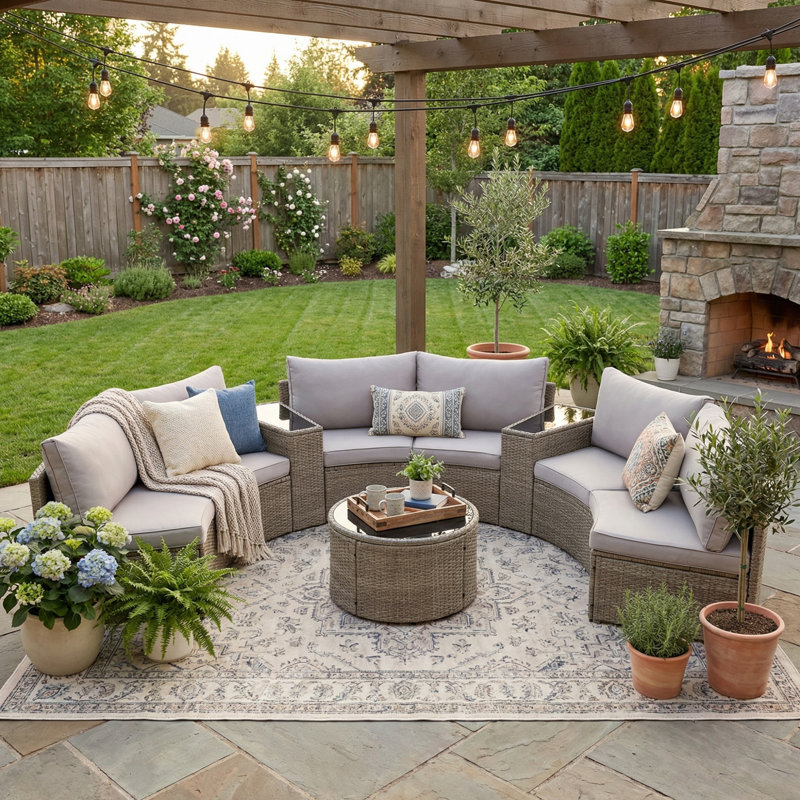 Ensemble de mobilier de patio extérieur modulaire demi-lune 9 pièces, ensemble de patio extérieur avec table basse ronde en verre trempé
