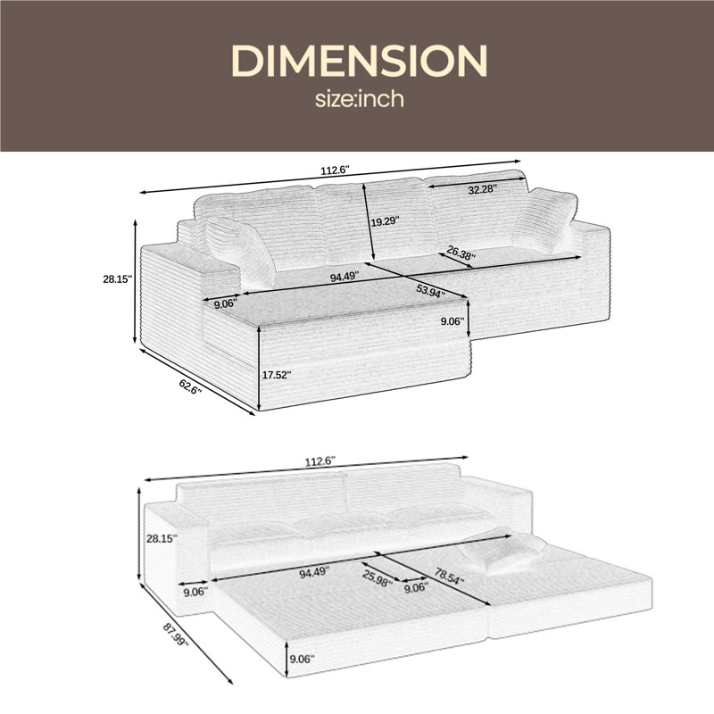 Siège du canapé droit, canapé modulaire en forme de L, canapé modulaire compressé en velours côtelé de style minimaliste moderne, déplier en un lit, une chambre à coucher, canapé confortable à conception compacte et peu encombrante
