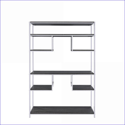 Bookshelf, Rustic Gray Oak Finish with Chrome Metal Frame | 7 Open Fixed Shelves | Chrome | Gray