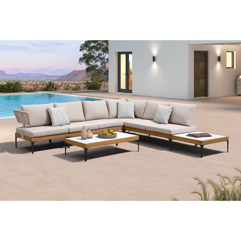 PURPLE LEAF 5 Pieces Outdoor Conversation Furniture Sets with Coffee Tables Patio Wicker Sectional Sets Aluminum L-Shaped Sofa Chairs for Balcony Yard Garden Poolside, Cushions and Pillows Included