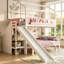 Lit superposé en bois en forme de maison avec glissade et escalier de rangement, 2 places superposées (lit simple/lit double).-134041103