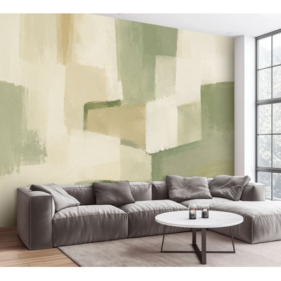 Wall Mural Peel and Stick Wallpaper Abstract Geometric Earth Tone Block Composition Soft Beige Green Brush Self-Adhesive Removable Contact Paper Wall Decor for Living Room Bedroom 100"H x 144"W