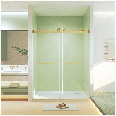 Frameless Double Sliding Shower Door 44-48 "W x 74" H, 5/16 "(8mm) Tempered Glass, Explosion Proof Film, Stainless Steel Handle, Square Tube Track, Brushed Gold