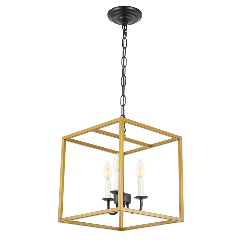 Luminaire suspendu carré 3 lumières lanterne Tarbox, Laiton / Noir