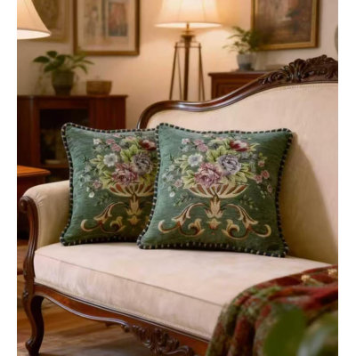 Ensemble de 2 housses de coussin en chenille vintage vert printemps 18 x 18 po pour salon, housse de coussin brodée à motif floral pour chaises de voiture