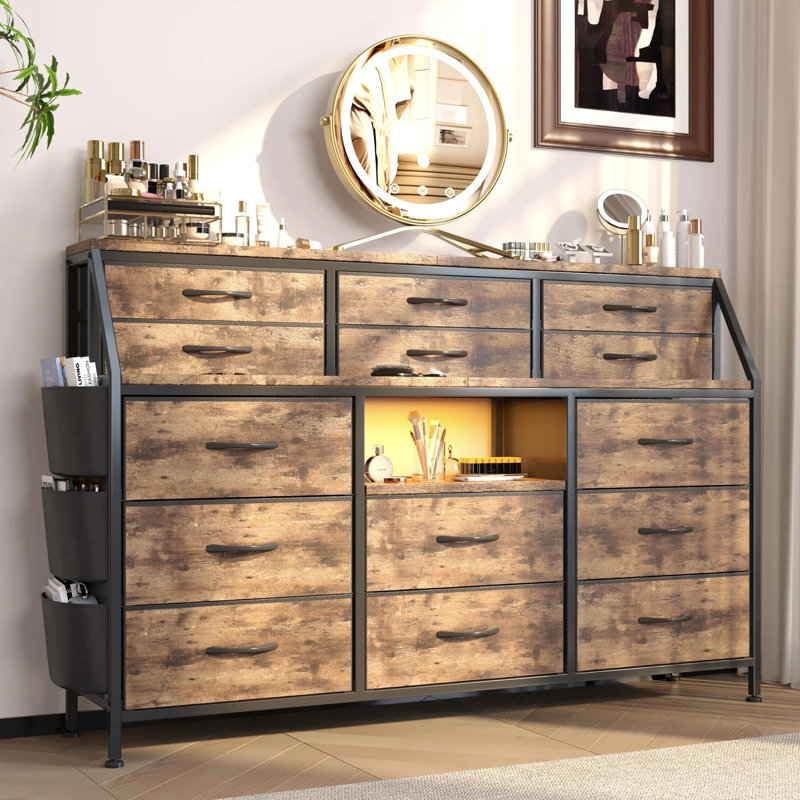 Commode 14 tiroirs, meuble télé 54 "avec prises de courant et lumières DEL, Brun