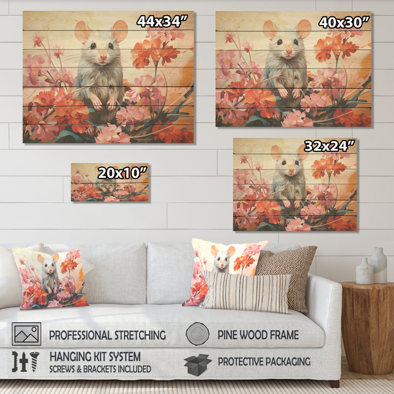 Pink Curious Rat Blooms II - Mouse Animal On Wood Print, 30" H x 40" W x 0.78" D