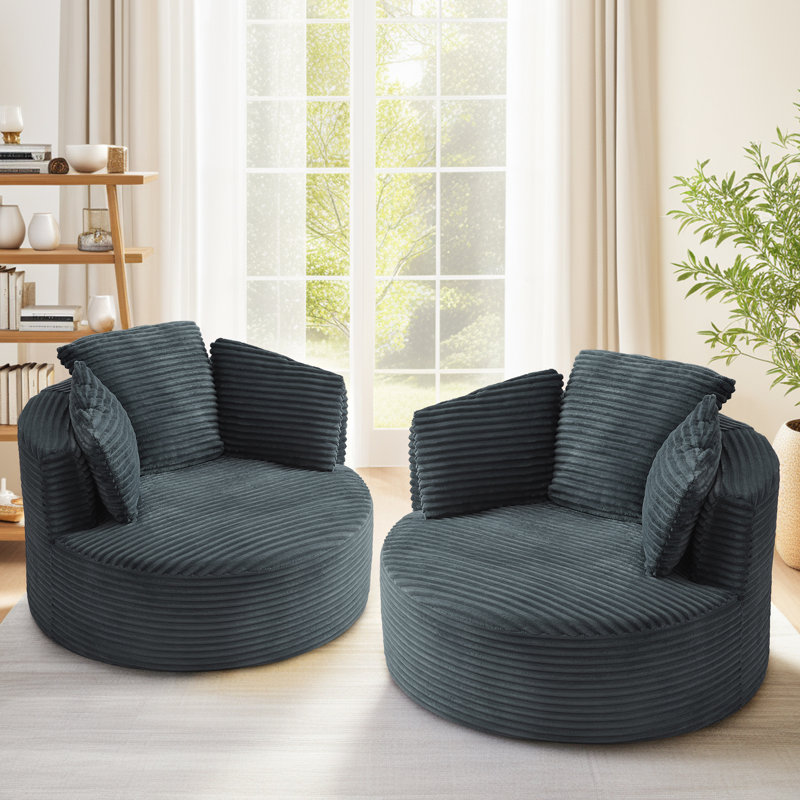 Lozena 2 Pieces - 49" Corduroy Upholstered Barrel Chair, Oversized Round Compression Chaise Lounge, No Assembly Required, Available in 7 Colors