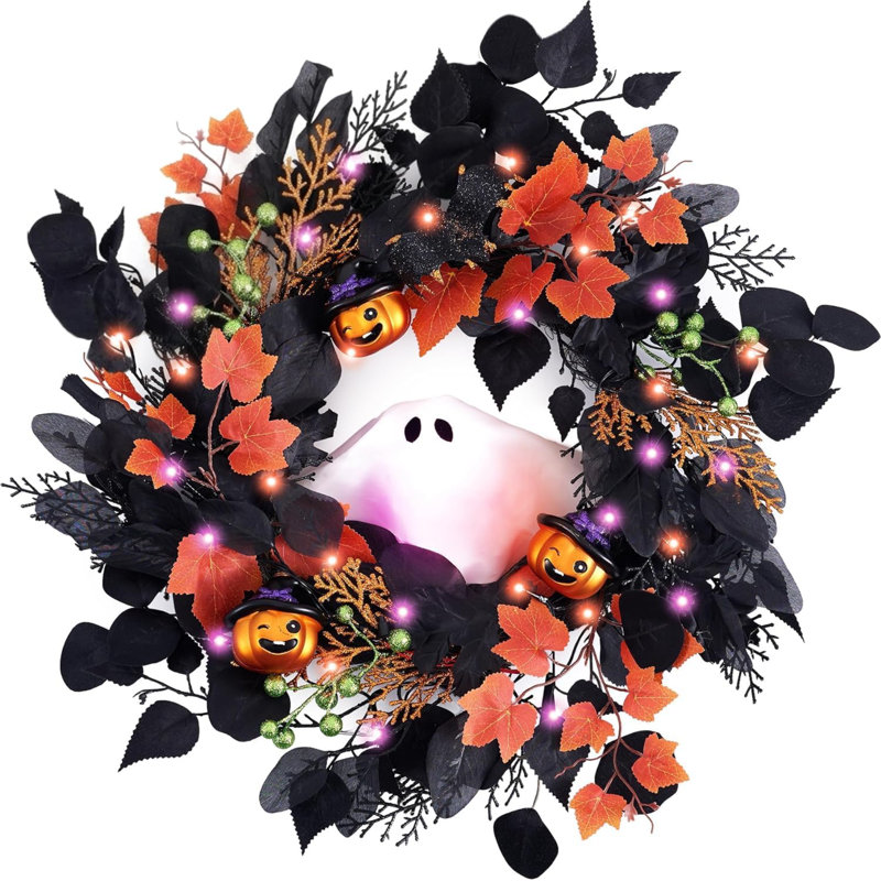 Couronne d'Halloween de 50 cm avec lumières fantômes pour porte d'entrée | Citrouilles fantômes pré-éclairées avec commande vocale et minuterie pour décorer votre porche, mur ou table de fête intérieure