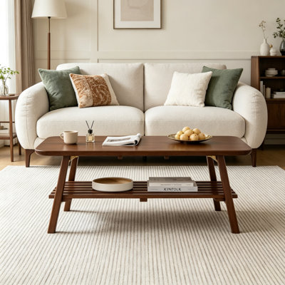 Table basse en bois massif de 120 cm (47,24 po) avec pattes pliables et tablette inférieure amovible