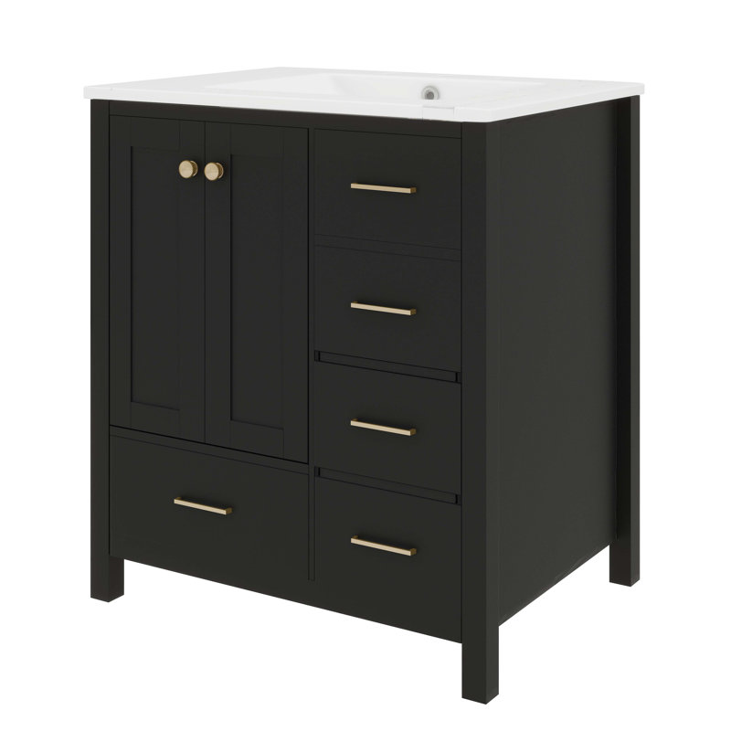 Meuble-lavabo de 30 po avec lavabo en céramique, solution de rangement autoportante avec 4 tiroirs, Noir