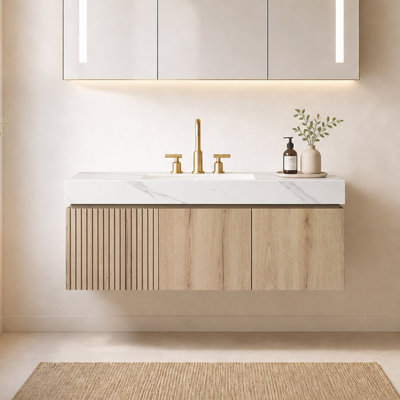 Meuble-lavabo suspendu double de 122 cm (48 po) avec comptoir en pierre frittée et lavabos en céramique, fini chêne brun