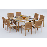 9 Pcs Grade-A Teak Wood Dining Set: 60" Square Rectangle Butterfly Table And 8 Wave Stacking Arm Chairs #11WV1408
