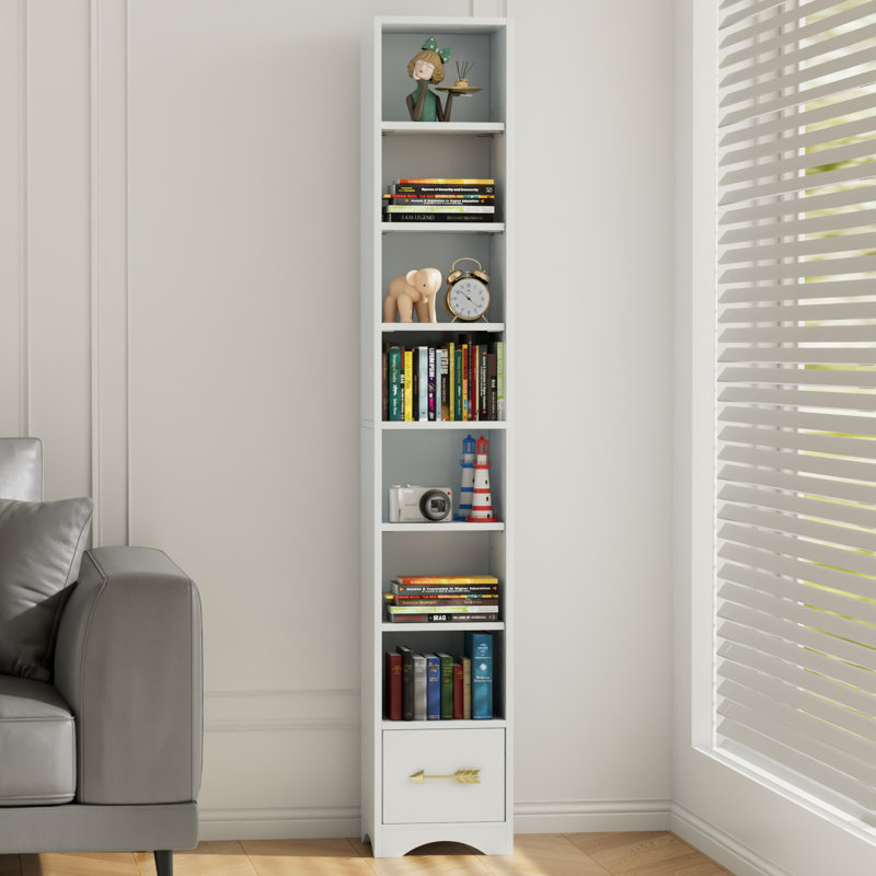 Melgarejo 7 Tier Tall Narrow Bookshelf With Storage Drawer, 71" Compact Corner Bookcase, Freestanding Shelf Organizer Unit For Living Room, Bedroom, Home Office