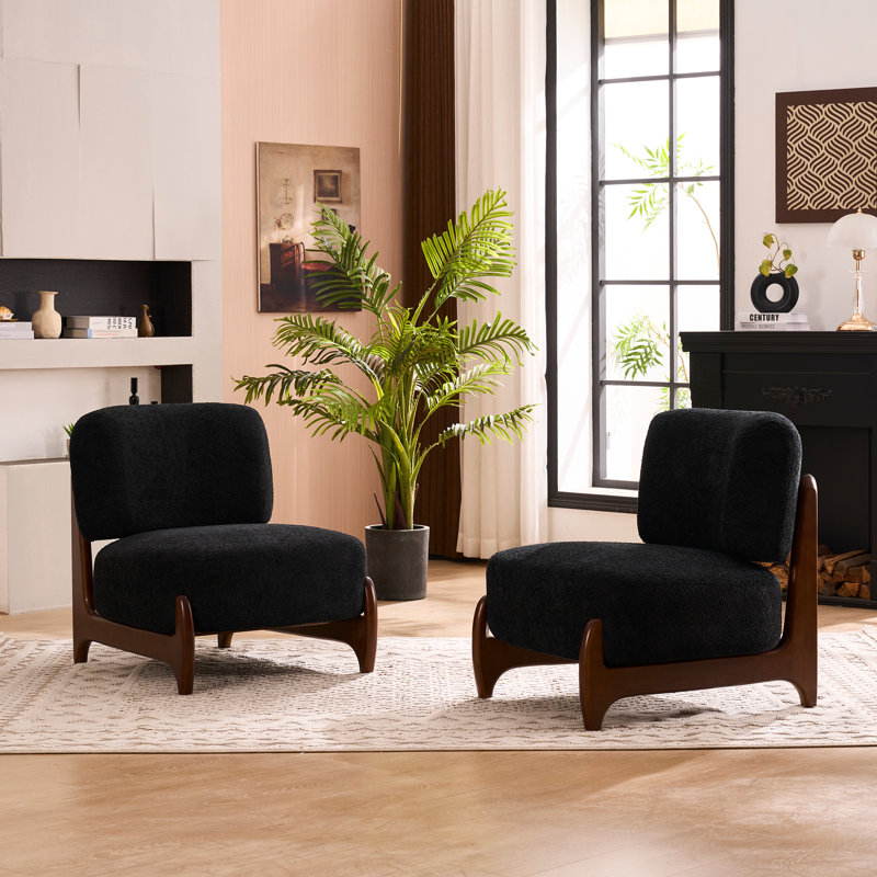 30"W Boucle Armless Upholstered Accent Chair With Solid Wood Leg, Black
