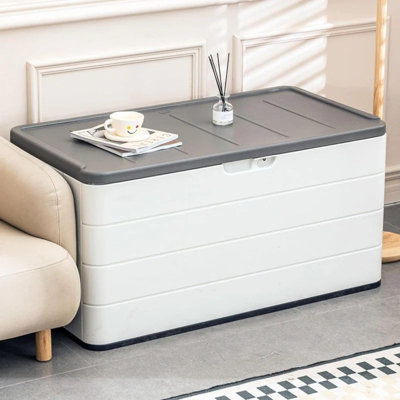 110 Gallon Lockable Resin Deck Box, Waterproof Outdoor Storage Box For Patio Cushion Storage Cabinet And Tools Storage, White