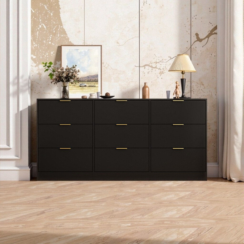 Commode 9 tiroirs 63 pouces, grande armoire de rangement avec tiroirs profonds, Noir, noir, noir, noir