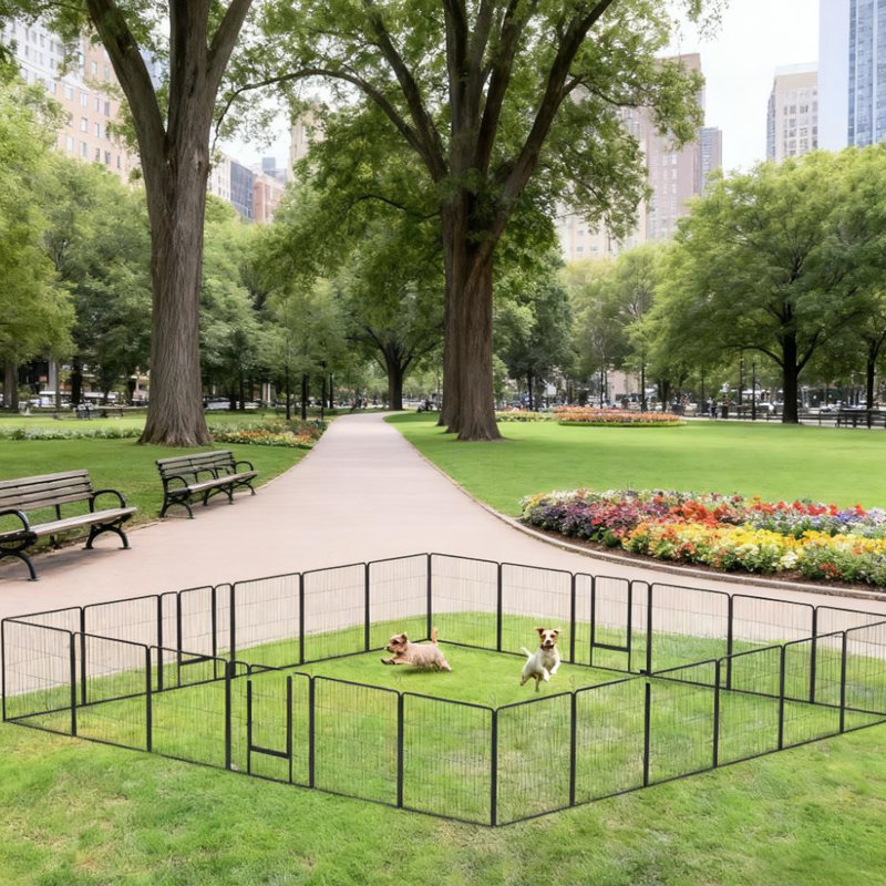 Parc pour chien, 24 panneaux, porte verrouillable, utilisation intérieure / extérieure, acier gris, piquets de sol et clôture de porte sécurisée, petits chiens moyens personnalisables, portes à trois étages
