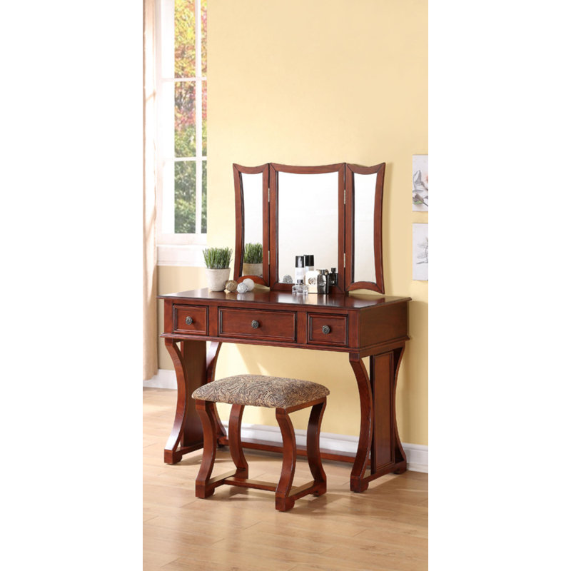 Ensemble coiffeuse avec tabouret et miroir Potterville, Brun