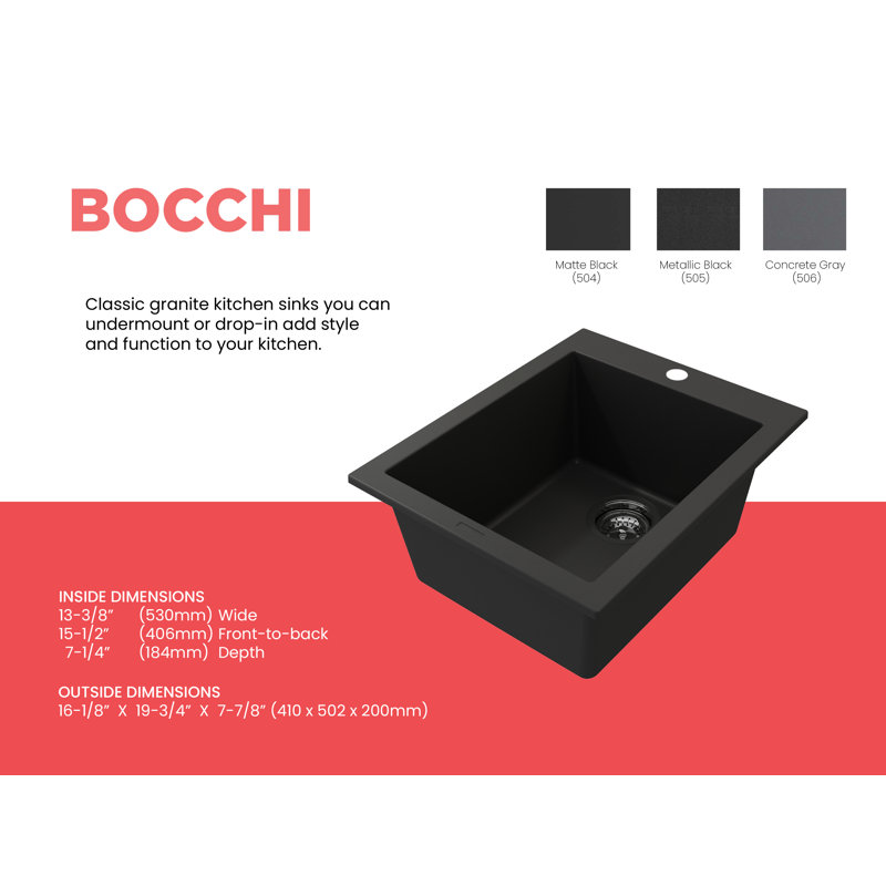 Campino 16'' L Single Basin Kitchen Sink, Matte Black
