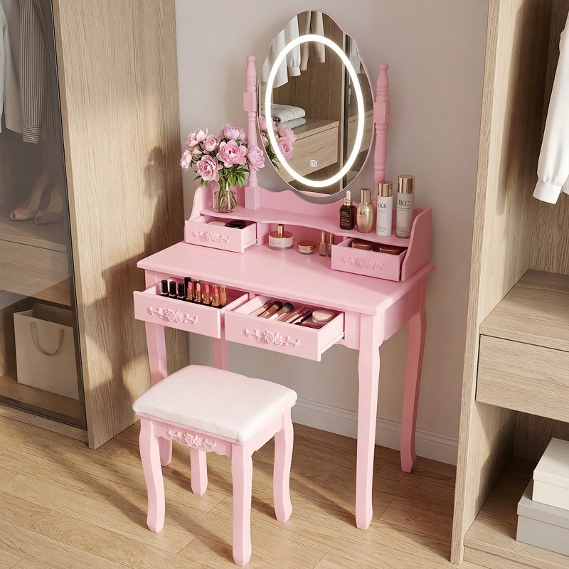 Princess Vanity Desk With Cushioned Stool & LED Mirror - For Bedroom Makeup Organization, Pink
