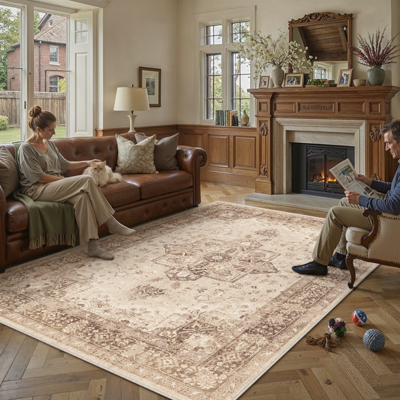 Tapis lavable rétro patiné avec envers antidérapant, Rectangulaire 8 pi x 10 pi, Brun