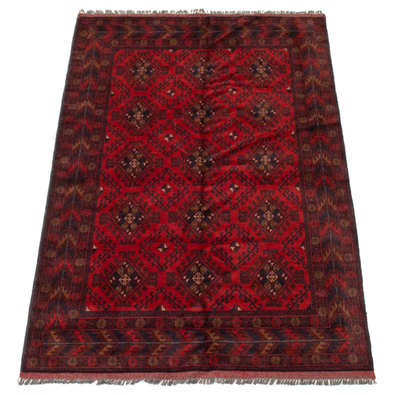 Tapis rouge / bleu marine en laine noué à la main de conception unique 4 pi 1 po x 6 pi 7 po Fode