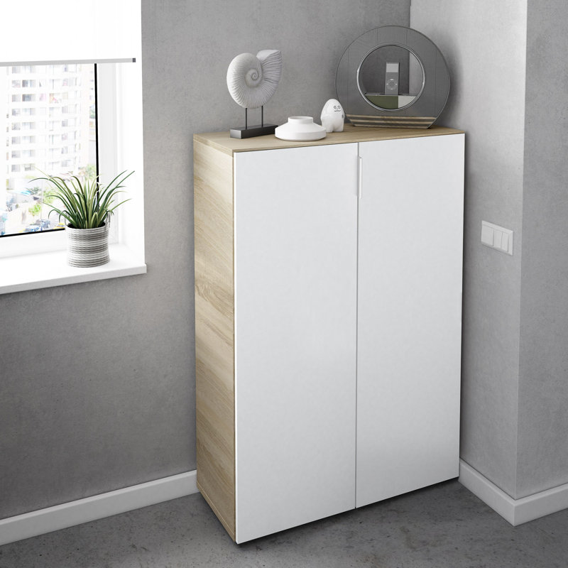 Divyanshi Multipurpose Auxiliary Cabinet, Low Shoe Rack With 6 Shelves, 70X36H103 Cm, Oak And White