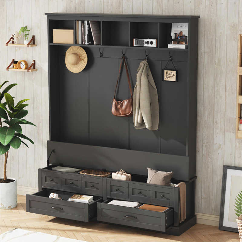 3-In-1 Hall Tree 59" Wide With 5 Hooks And Bench And Drawers, Muti-Functional Entryway Coat Rack, Modern Tall Storage Bench With Handles