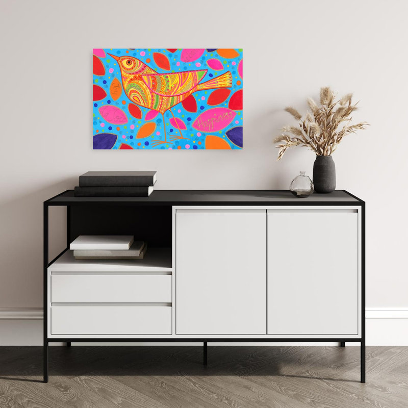 Happiness Bird Bold Colorful Vibrant Bird Spring Summer Wall Art Print 1 Piece Wrapped Canvas Wall Art, 40.64cm H x 60.96cm W