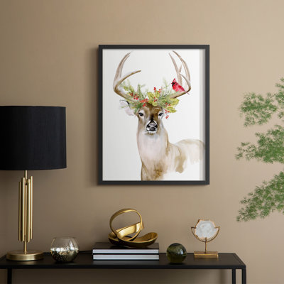 «Holiday Deer I», reproduction encadrée - bois massif