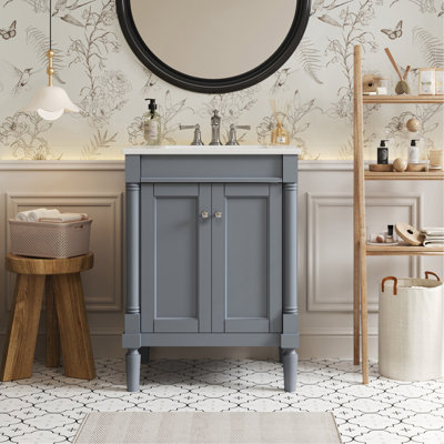 Meuble-lavabo 24 po avec lavabo supérieur, meuble de rangement moderne à 2 niveaux, meuble-lavabo simple, grandes tablettes de rangement