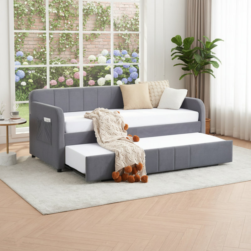 Double Size Upholstered Daybed Frame with Pull Out Trundle Bed, Slatted Sofa Bed with Side Storage Pocket for Guest Room Living Room