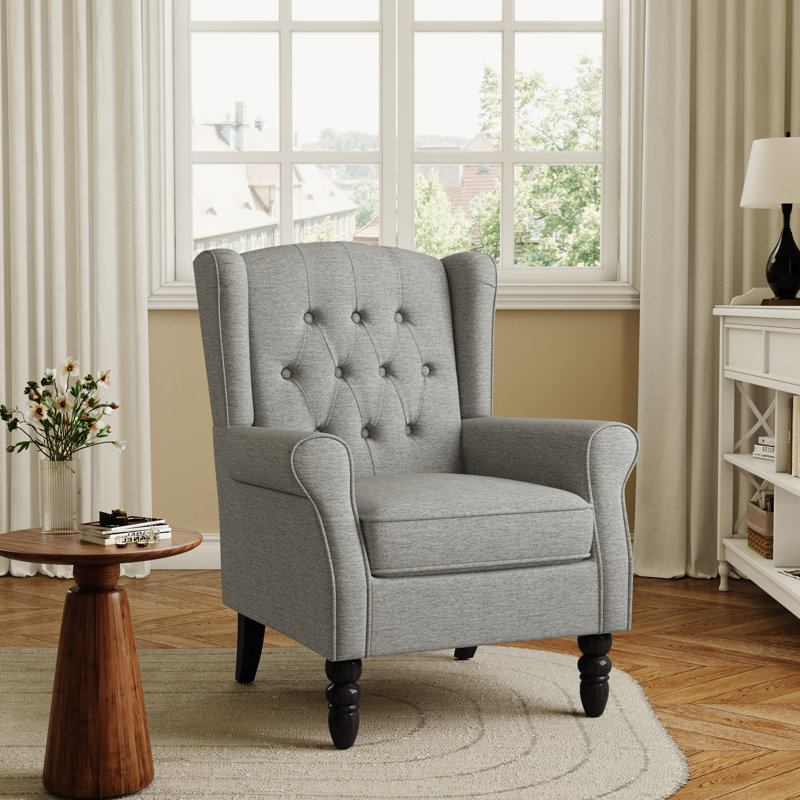Duward Upholstered Light Gray Button Tufted Wingback Accent Chair with Rolled Arm and Thick Padded Cushion