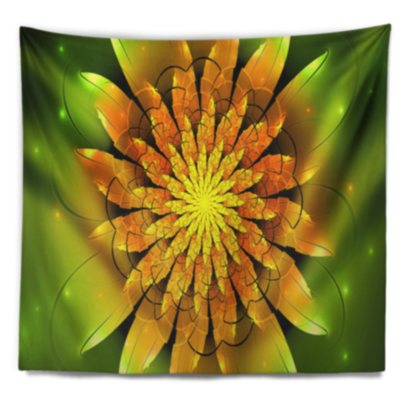 Fleur jaune vif sur tapisserie vert, H 78 po x l 92 po