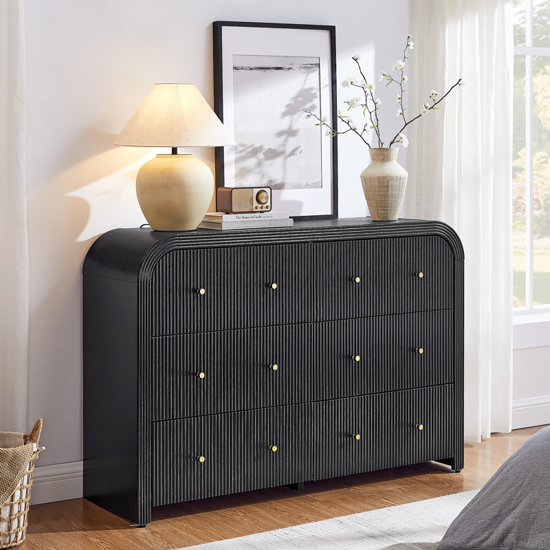 Commode cannelée 54 po à 6 tiroirs avec profil courbé épaissi, Chêne noir