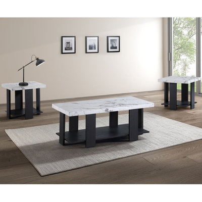 Ensemble de cocktail gris 3 pièces Table basse en faux marbre blanc et deux tables de bout assorties Mobilier de salon en bois blanc noir
